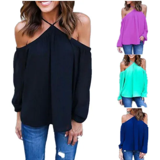 

New 2019 Long Sleeve Sexy Off Shoulder Tops Strapless Top Shirt Summer Women Blouse Chiffon Ladies Cross Strap Tops 4 Colors XL