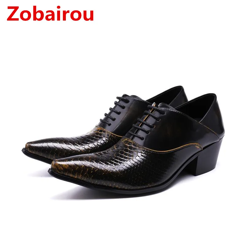 Zobairou zapatos hombre/обувь из крокодиловый кожи классические мужские свадебные туфли-оксфорды на высоком каблуке со шнуровкой; Цвет Черный