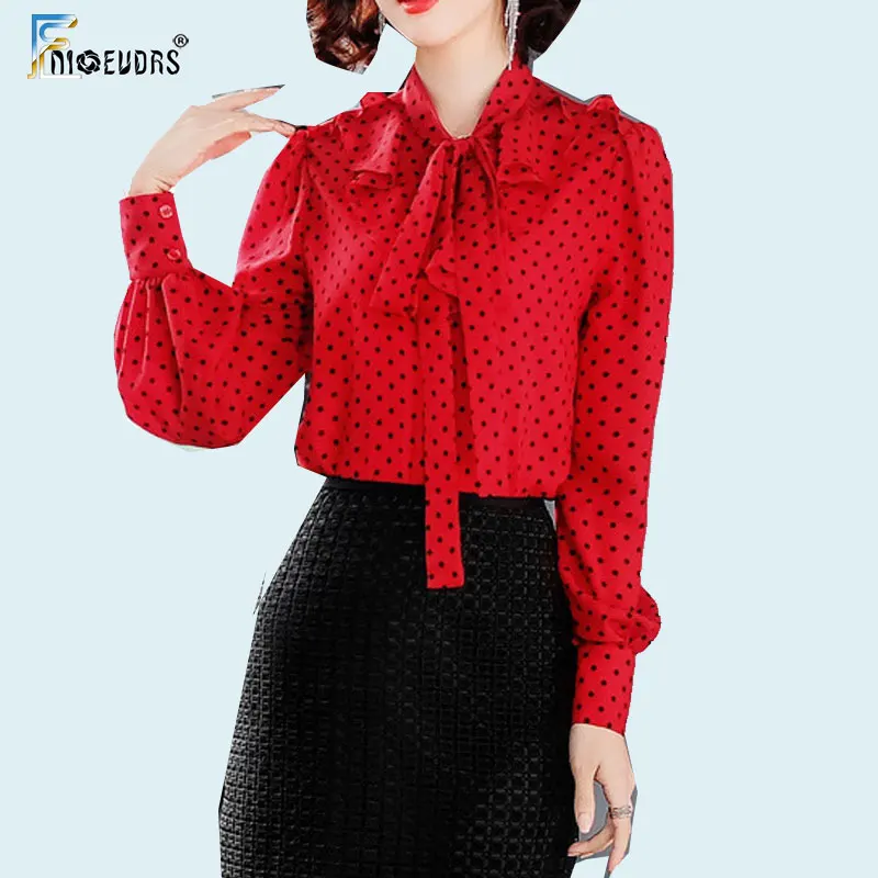 

Point ribbon tie Dot Tops Woman Female Temperament Lady Office Work Ruffled Button Basic Shirts Blouses European Style Design
