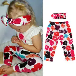Новорожденных Одежда для детей; малышей; девочек цветок снизу-шаровары Леггинсы для женщин Брюки для девочек Мотобрюки + повязка на голову