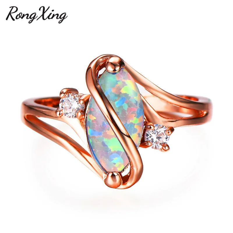 RongXing, уникальное кольцо s-образной формы, Белый огненный опал, кольцо из розового золота, огранка маркиза, конский глаз, кольца с камнем рождения для женщин, CZ ювелирные изделия, подарки
