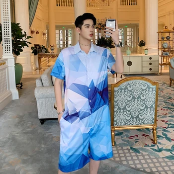 

2019 Spring And Summer New Chinese Style Men's Irregular Geometric Digital Print Five-point Sleeve Shorts One-piece Suit