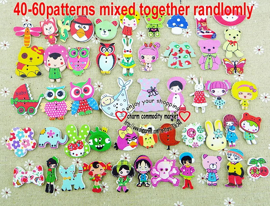 

crafts Random Mixed Painted Cartoon Button Wooden Buttons DIY Sewing Scrapbooking Clothes Accessories 50g/lot WCF-301