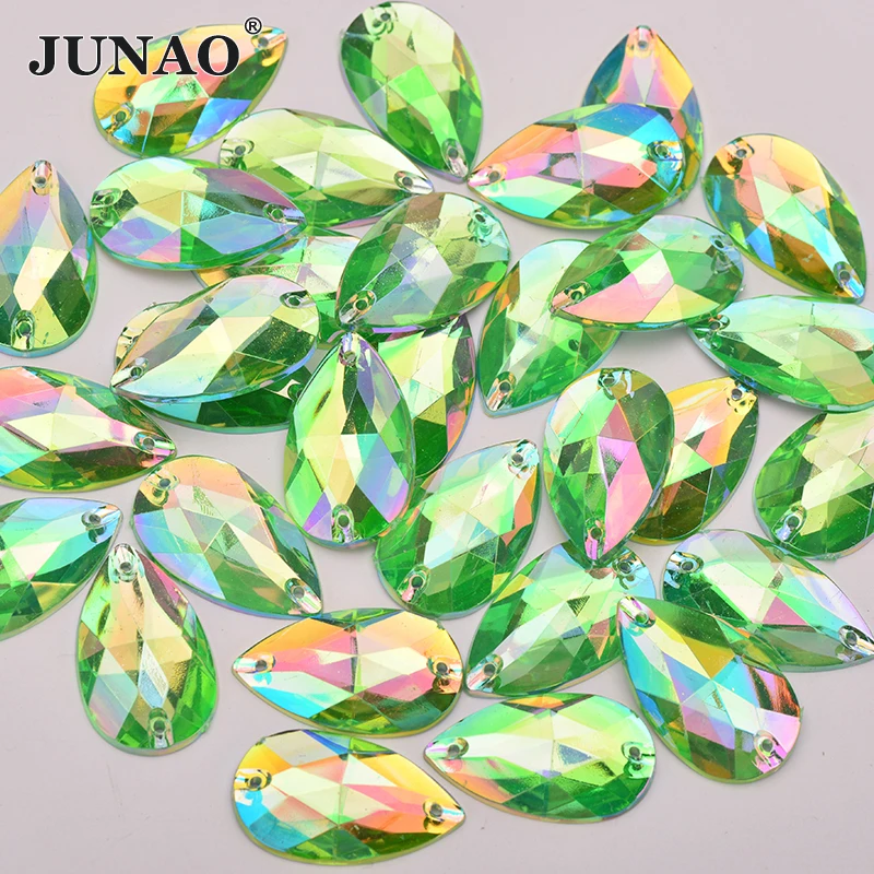 JUNAO 17*28mm Sewing Red AB Teardops Rhinestone Applique Large Crystal Stones Sew Strass Crystal Flatback Acrylic Gems Crafts