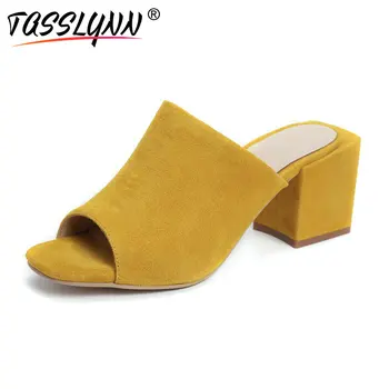 

TASSLYNN 2019 Women Slippers Kid Suede Flock Square Toe Slip on Shoes Slippper Square High Heels Wedding Ladies Shoes Size 34-39