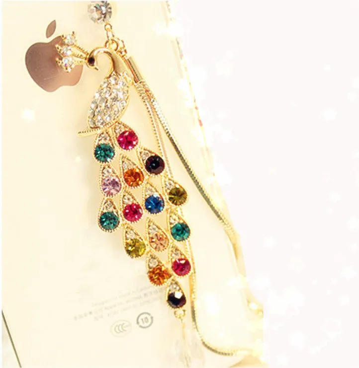 

3.5mm High End Atmospheric Rhinestones Long Chain Large Peacock Earphone Dust Plug Dustproof Plug Caps for Iphone Samsung