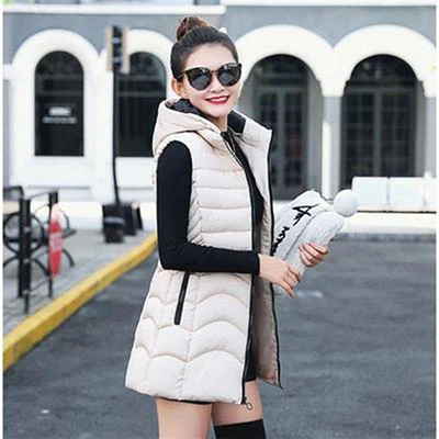 beige Жилет с капюшоном размера плюс 4XL, женский осенний зимний теплый хлопковый жилет средней длины, непродуваемый женский тонкий жилет без рукавов - Цвет: beige