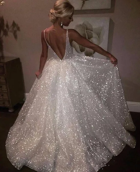 

Bling Sequined Sequins Evening Dresses 2019 Deep V Neck Sexy Open Back Long Prom Gowns Pageant Ball Gown robe de soiree abiye