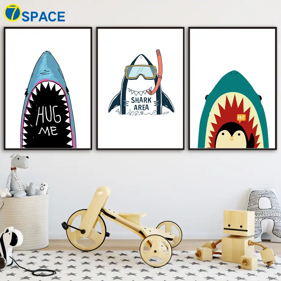 Hiu Kartun Penguin Nursery Cetak Nordic Poster Dan Cetakan Dinding Seni Kanvas Lukisan Dinding Gambar Bayi Anak Anak Kamar Dekorasi Rumah