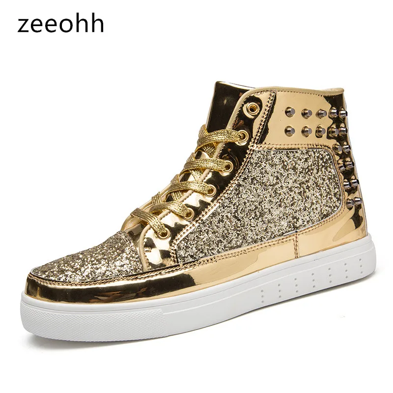 

Unisex Brand Shoes Nightclub Men Youth Casual Couple Shoes Rivet Mens Spike High Top Sneakers Glitter Leather Flats Men Shoes