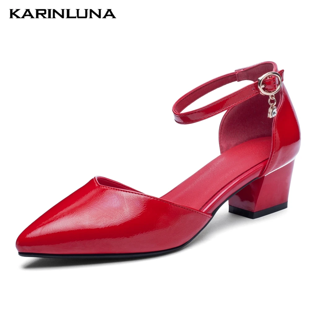 

Top Quality Elegant Large Size 32-43 Pointed Toe Black Red Woman Shoes Chunky Heels Shoes Woman Pumps Female Sandals