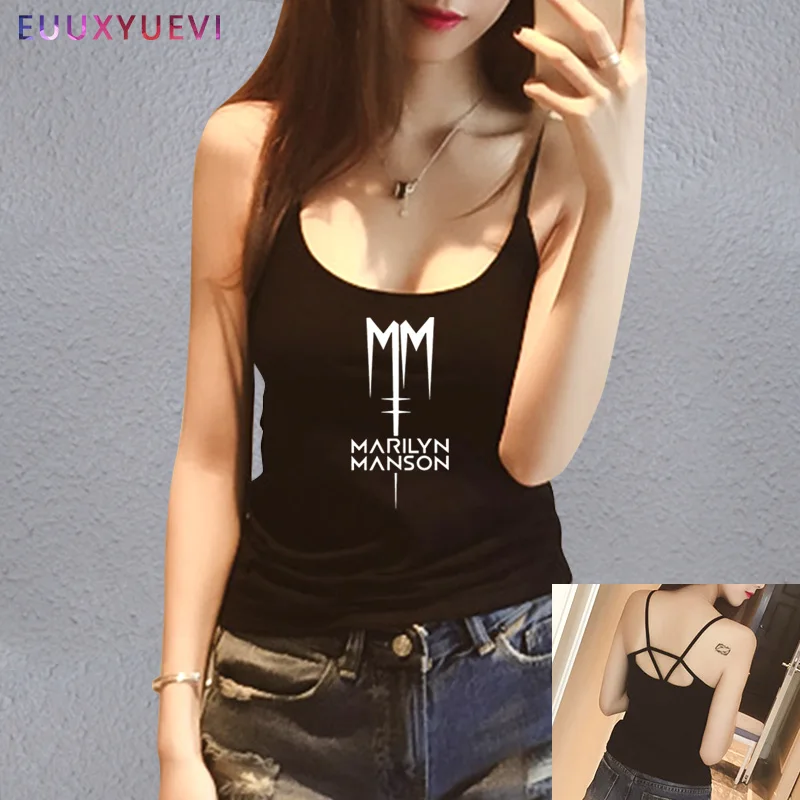 Classic Marilyn Manson Rock women girl tank top shirt Short Sleeve Cotton Casual Tanks Camis Tee tops wholesale - Цвет: black 1