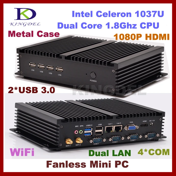 4G RAM+32G SSD+500G HDD Intel Celeron 1037U CPU fanless mini industrial computer,2*1000M LAN,4*COM,2*USB 3.0,HDMI,HTPC