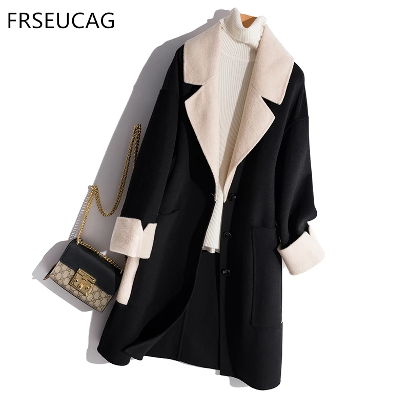FRSEUCAG Новая Женская осенне-зимняя свободная кашемирвое пальто женское, шерстяное пальто с длинными рукавами, вязаный кардиган