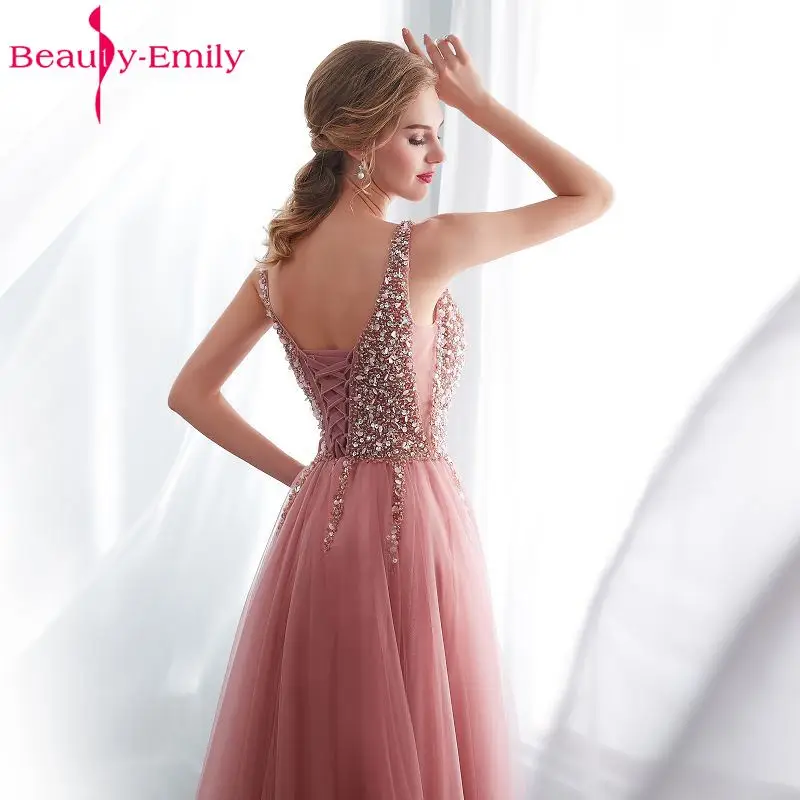 Beauty Emily Beads Lace Formal Evening Dresses 2018 long Plus Size  A-Line Evening Party Dresses Floor-Length Prom Dress Elegant