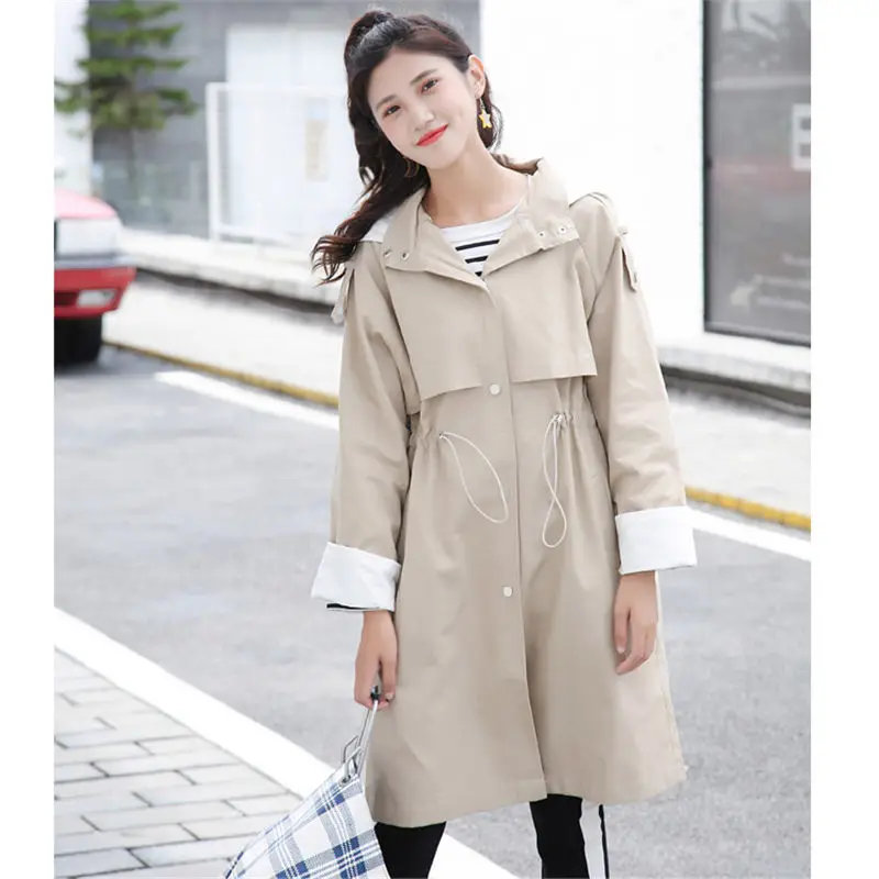 

Casual Hooded Trench Coat Loose Large Size BF Color Matching 2019 Spring Autumn New Long Windbreaker Women Thin Coat f999