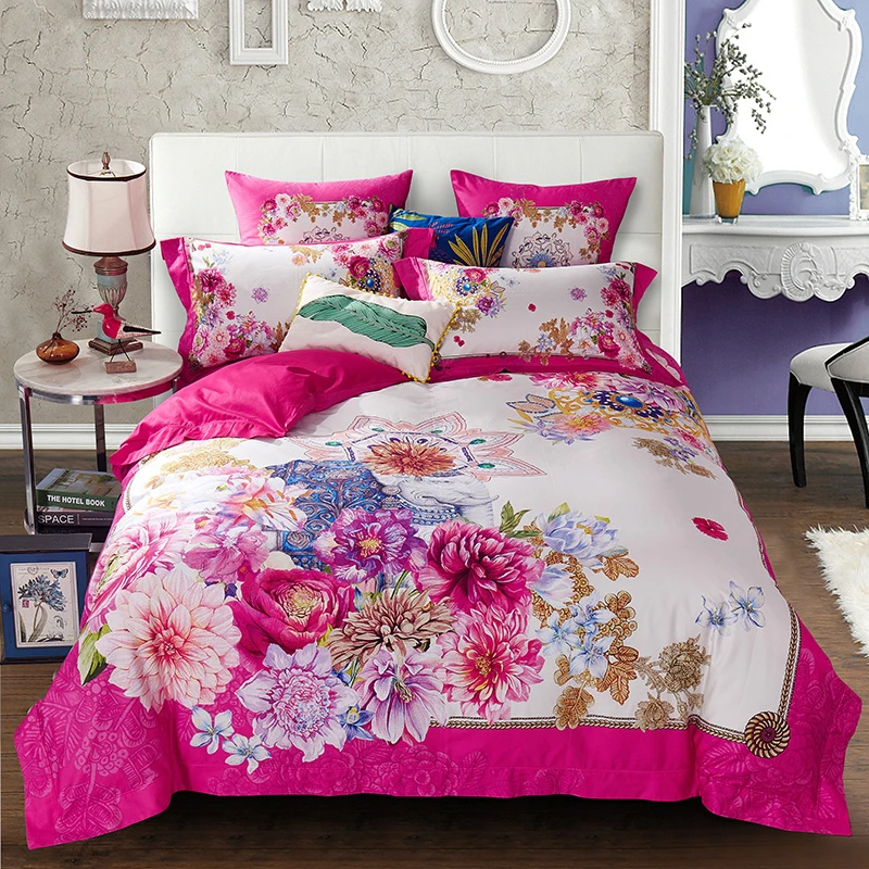

100% Egyptian Cotton Peony digital printing Luxury Bedding set red Duvet Cover Pillow Case Queen King 4pcs Set
