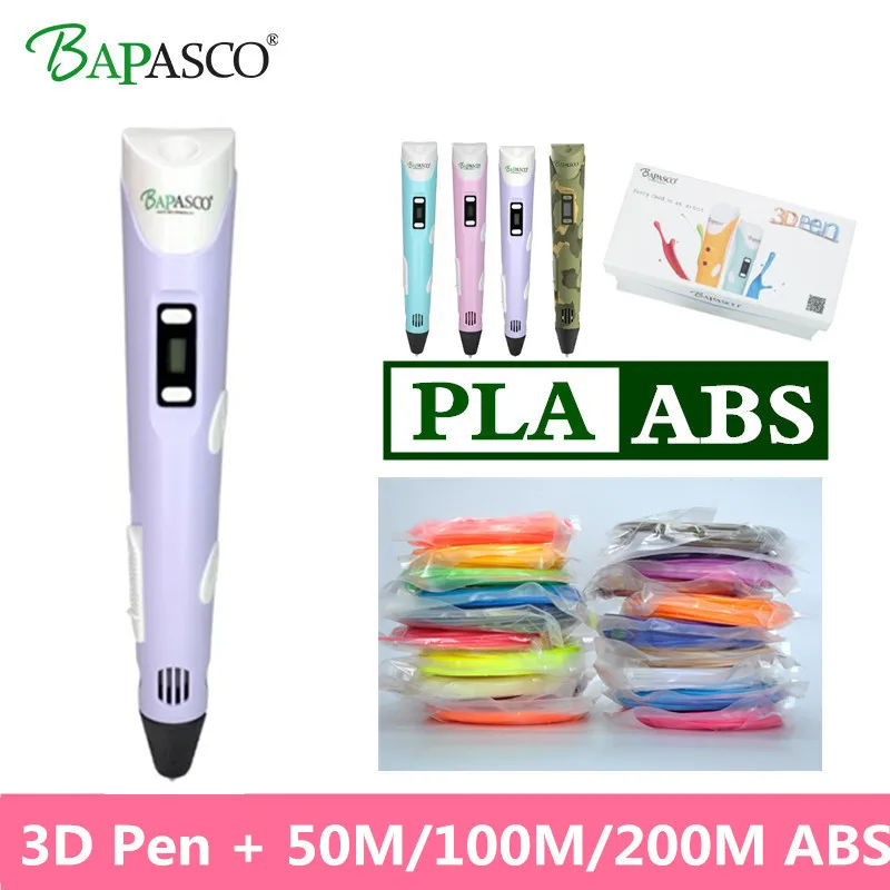 BAPASCO 3D ручка светодио дный Экран 3D рисунок пером + 200 м 1,75 мм расходные материалы с ABS/PLA 3D печать Ручка детские игрушки в подарок на день