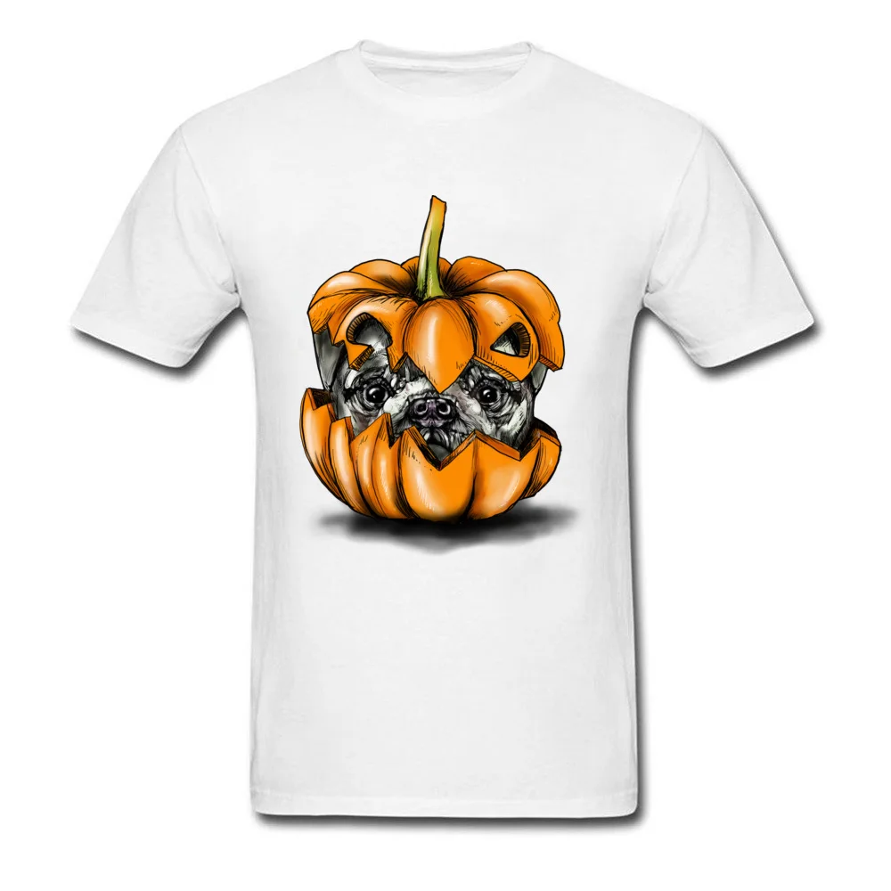 Halloween Pumpkin Pug Casual T Shirt for Students 100% Cotton Fabric Fall Round Collar Tshirts Classic Tops Shirts New Arrival Halloween Pumpkin Pug white
