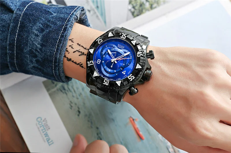 Temeite золотые Роскошные Брендовые мужские часы модные синие водонепроницаемые часы из нержавеющей стали большой размер мужские кварцевые часы наручные часы
