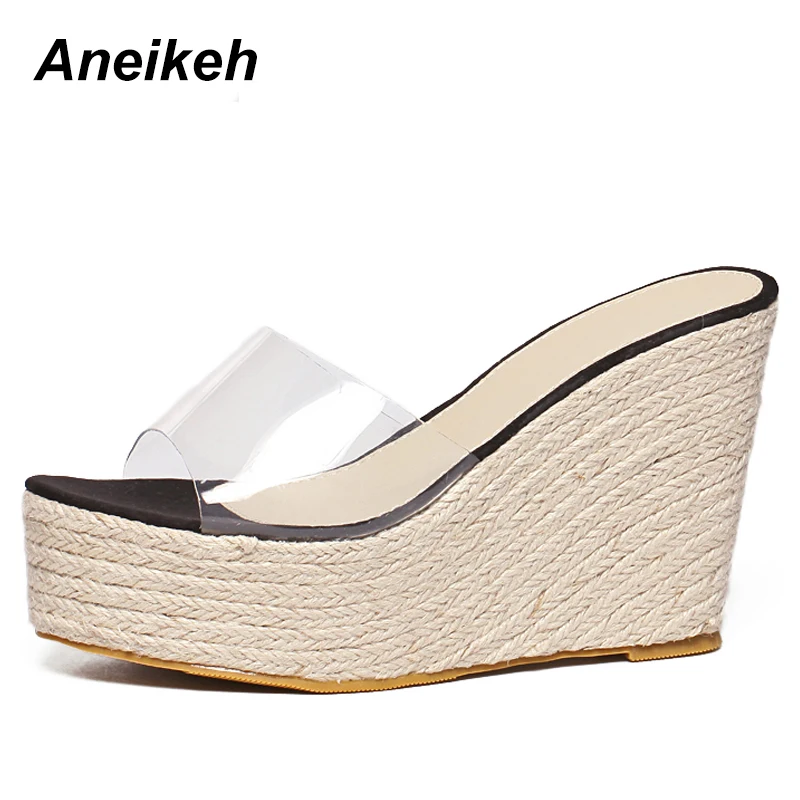 

Aneikeh 2019 Fashion Summer PU Women's Vulcanize Shoes Transparent Slip-On Shallow High Heels Office Solid Pink Black Size 34-40