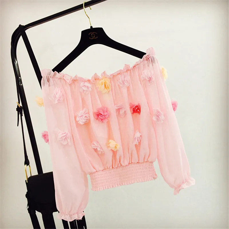 

Women Shirt Summer Autumn Floral Blouse Slash Neck Off Shoulder Lantern Sleeve Blouses Blusas Female Flower Short Tops SF1037