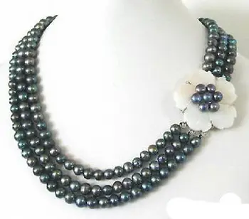 

3 Rows Real White Black Pearl Shell Flower 18KWGP Clasp Necklace ##a