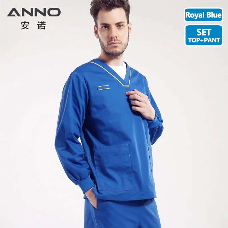 BaoLan-Long-Set ANNO Blue медицинская одежда для женщин и мужчин наборы для ухода Униформа скрабы доктор короткий рукав больничные хирургические халаты - Цвет: BaoLan-Long-Set