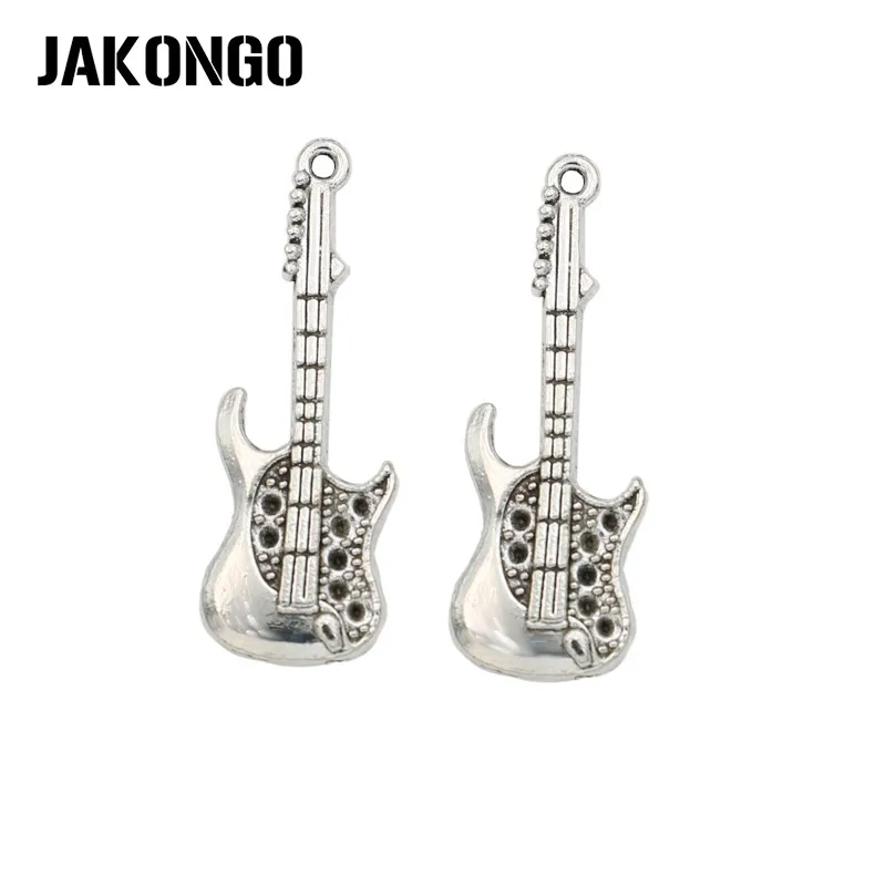 

JAKONGO Antique Silver Plated Guitar Music Charm Pendant for Making Bracelets Jewelry Accessories Craft DIY 37x13mm 10Pcs/lot