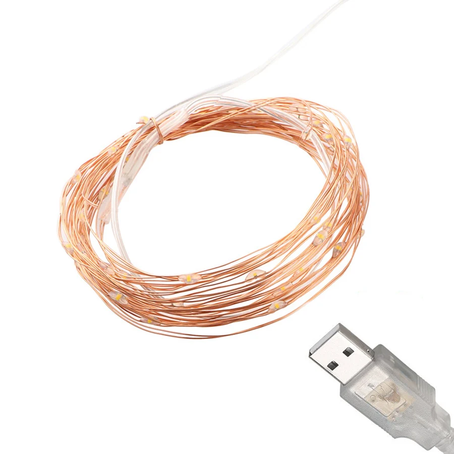2 м 5 м 100 светодиодный медный провод с питанием от USB для дома, Рождества, свадьбы, вечеринки, декоративный светодиодный фонарь