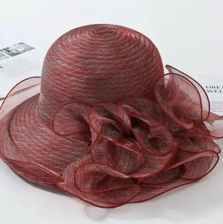 Элегантная женская шляпа из органзы Складная широкая с полями, солнце шляпа Свадебный церковный вечерние шляпы для женщин волнистые кружева цветок Дамская шляпа новинка - Цвет: Красный