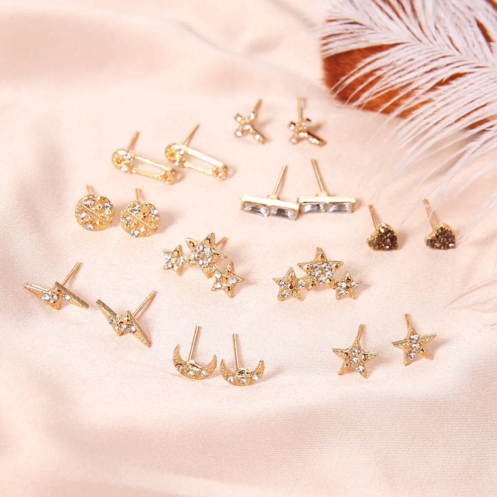 

Crystal Moon Star Lightning Earrings Set Rhinestone Gold Color Cross Heart Round Hollow Pin Stud Earring Women Jewelry 9 Pairs