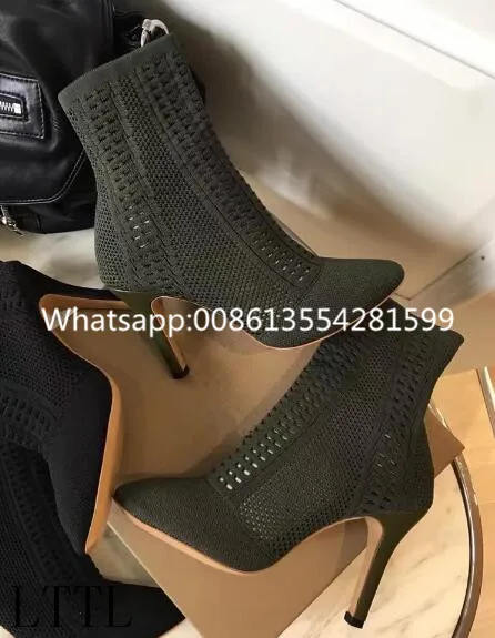 Sexy  Round Pointed Slip-on Booties With Knit Upper Women Fashion Sock 2017 Gladiator Sandals Ladies Thin High Heels Booties