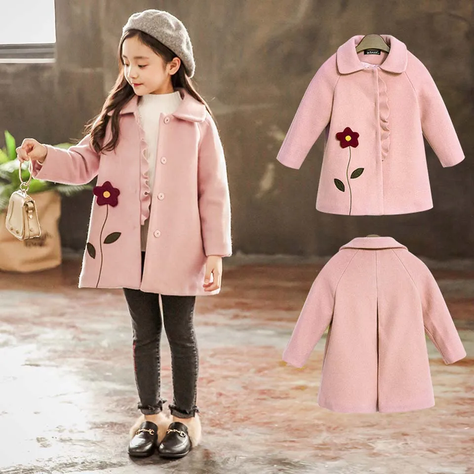 

2018 Autumn Winter Girls Woolen Coat Pink Red Flores Design Long Sleeves Long Jacket for Kids Age 4 6 8 10 11 12 13 T Years Old
