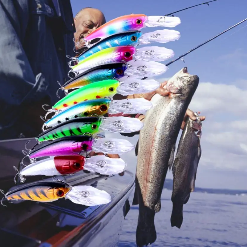 

AT Lot 10Pcs Fishing Lures shone 10 colors fishing wobblers ocean beach fishing lure With Crank Bait Tackle Hooks MAR0329