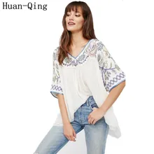 Huan-Qing Летняя женская винтажная вышивка богемные люди Свободная белая футболка топы Сексуальная С v-образным вырезом короткий рукав Милая футболка