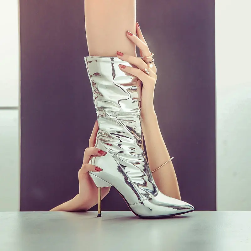 Женские пикантные Серебристые Сапоги выше колена на высоком массивном каблуке, расшитые блестками; модные зимние женские сапоги на платформе с боковой молнией - Цвет: Mid Calf 1