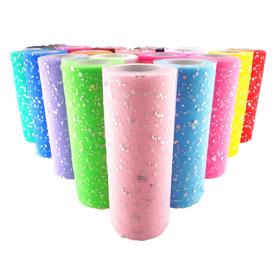 

25Yards/roll 6" 15cm Silver Glitter Dots Sequin Tulle Roll DIY Organza Fabric Tutu Dress Baby Shower Party Supplies