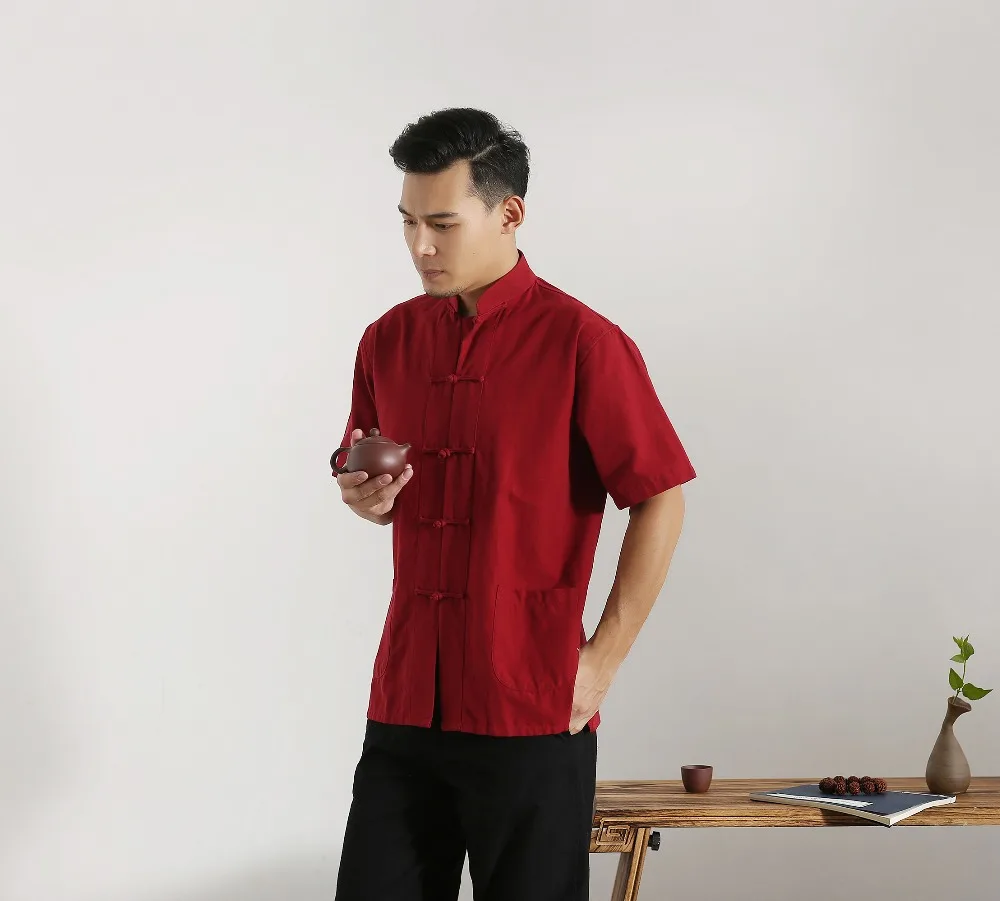 Мужская 100% хлопок короткий рукав Тан костюм топ мужской кунг фу Тай Чи Униформа Рубашка Блузка традиционная китайская одежда плюс 4XL