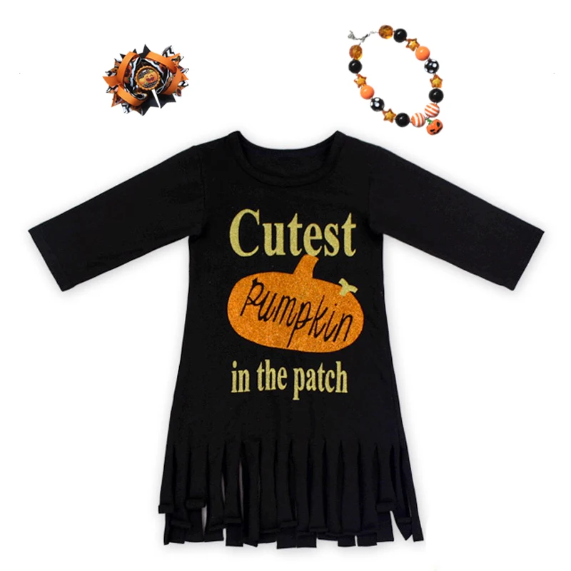 

2018 new baby girl halloween fringe dresses baby girl kids children dress with matching bow and necklace halloween outfits set