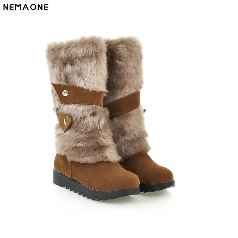 

NEMAONE Women's flat mid-calf Boots Ladies Winter warm snow boots sexy fur Woman boots beige brown Black Plus Size 43