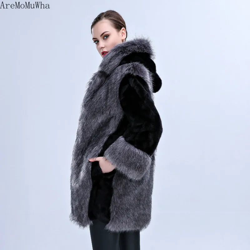 AreMoMuWha лисий мех пальто с искусственным мехом Зима Новая женская с капюшоном Роскошная куртка из искусственного меха женские топы и блузки пальто для женщин QX1175