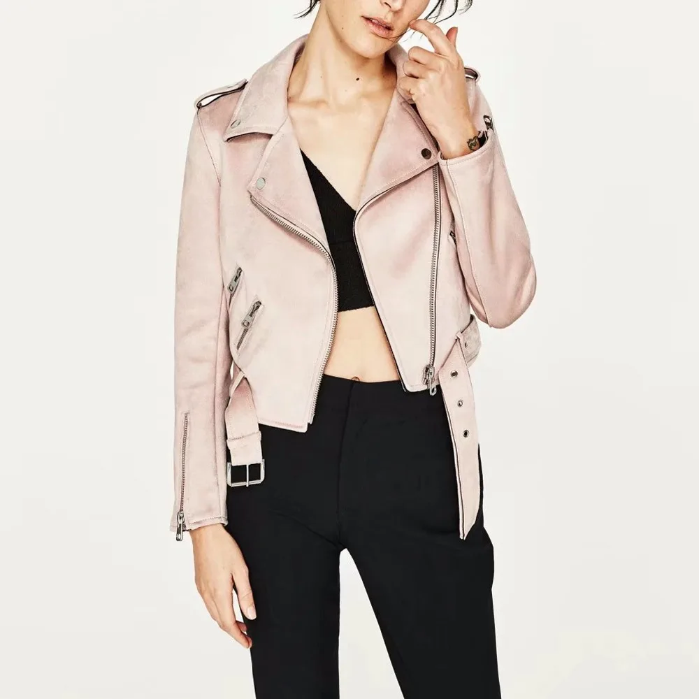 

New Autumn Witner Women Motorcycle Faux PU Leather Pink Blue Beige Jackets Lady Biker Outerwear Coat with Belt Hot Sale 6 Color