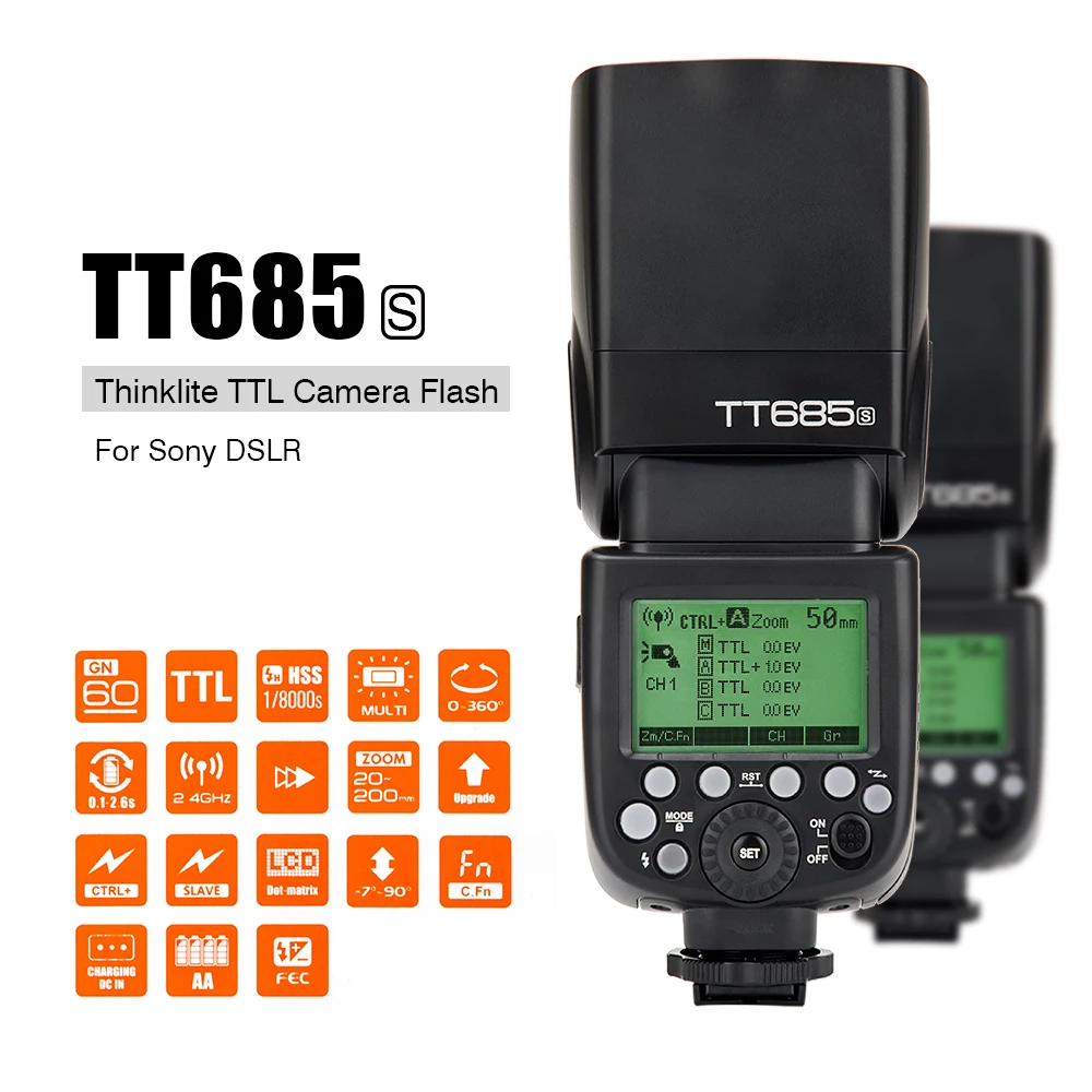 Godox TT685S GN60 ttl вспышка светильник Speedlite 230 Полная мощность Авто/Ручное Масштабирование для sony DSLR камер A77II A7RII A7R A58 A99