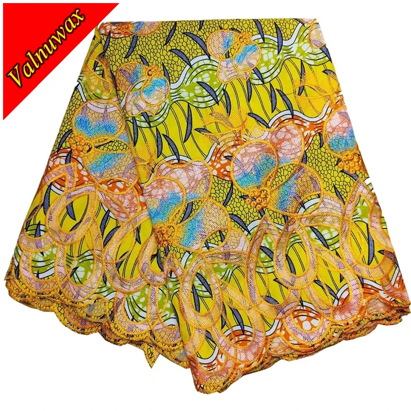 

Miss L ,New design Colorful African Wax Hollandais with Embroidery Fabrics Nigerian Ankara Print Lace Fabric 6Yards /QD1203#