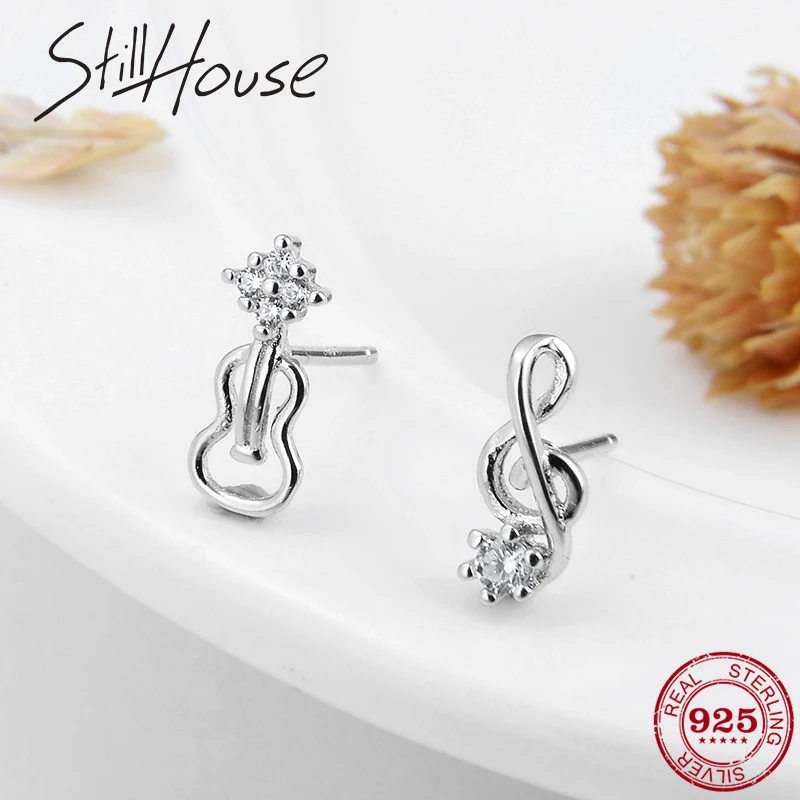 

High quality Guitar and musical notes Stud earrings for women with clear CZ shion jewelry 925 Sterling Silver Prevent allergy