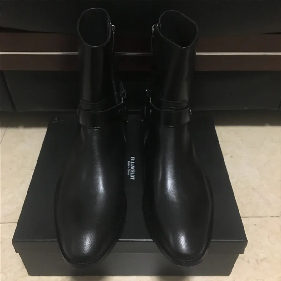 Реальное изображение; высококачественные классические черные мужские ботинки ручной работы из воловьей кожи с боковой молнией на танкетке; Wyatt Harry; джинсовые ботинки «Челси» с ремешком на щиколотке