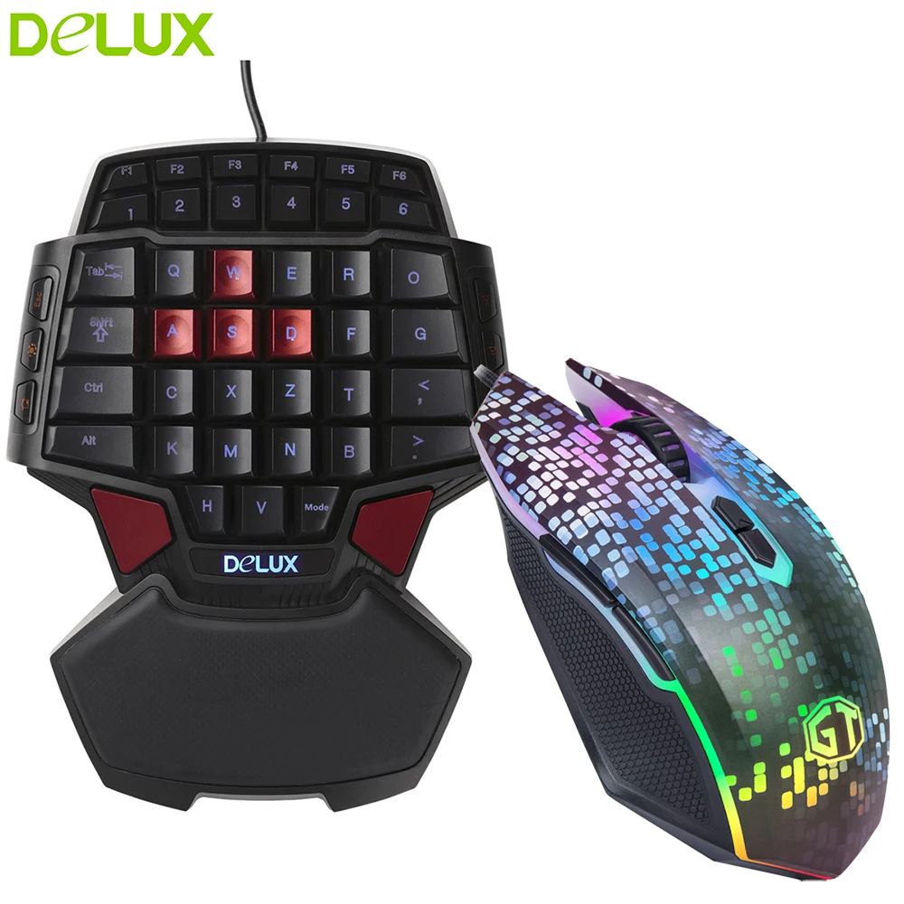 

Delux T9 One Hand Gaming Keyboard and Mouse with LED Backlit Portable USB Wired Game KeyBoard mouse combo For CF CS LOL Gamer