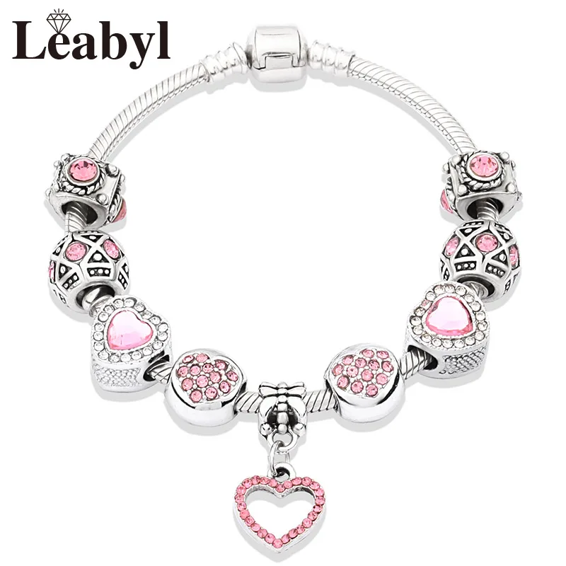 Romantic pink heart bracelet charm for women, fine crystal bead bracelet, DIY jewelry for girl, Valentine's Day gift, new