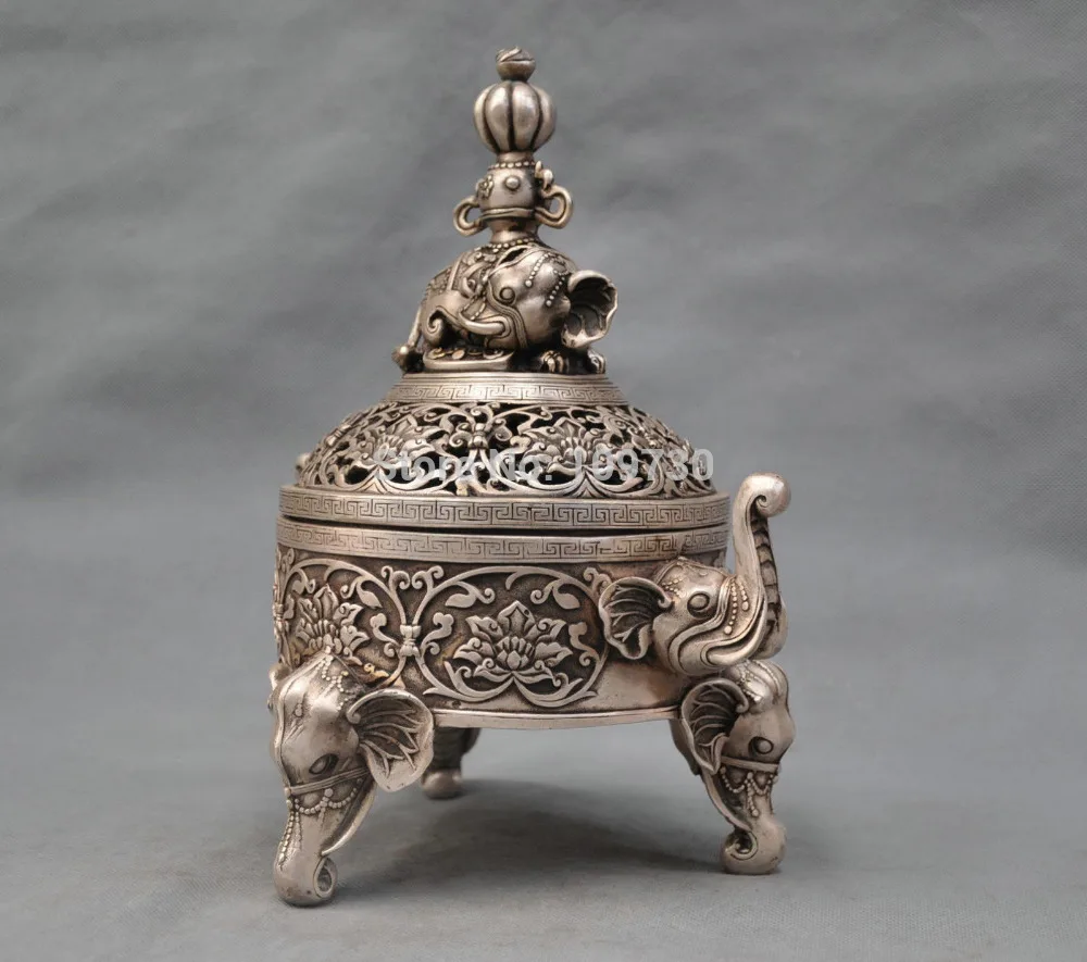 

p2121 12'' China Silver Bronze Censer Carve flower Elephant Leg Bronze Statue